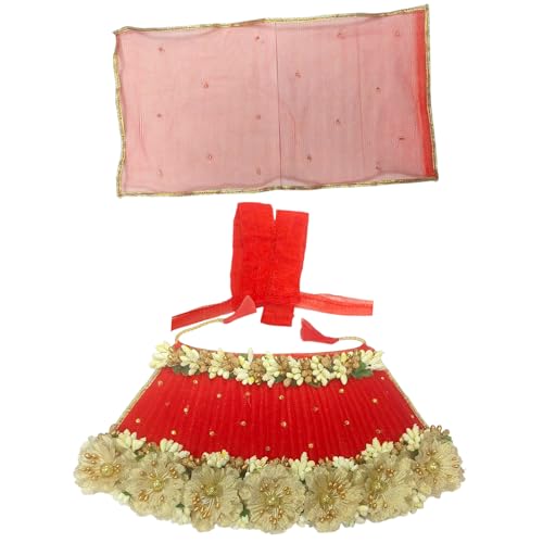 Vrindavanstore.in Navratri Special Red Poshak/Dress for Durga Maa/Mata Rani/Devi Maa Complete Set with Golden Flower Design| Size-06 inch idol(3 inch lehnga 2 inch choli) - Image 1
