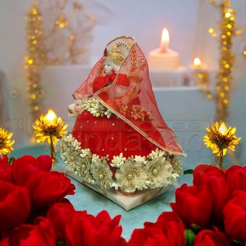 Vrindavanstore.in Navratri Special Red Poshak/Dress for Durga Maa/Mata Rani/Devi Maa Complete Set with Golden Flower Design| Size-06 inch idol(3 inch lehnga 2 inch choli) - Image 5
