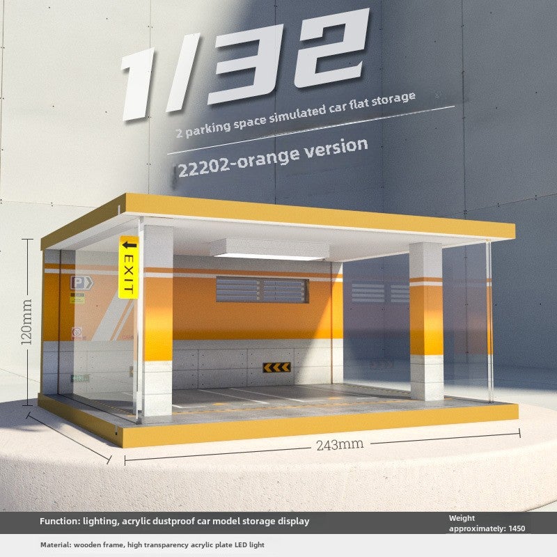 Loquat Wholesale Miniature Car Garage Model, Wooden Dustproof Cover with Light, 1:32 733202-two-car orange version