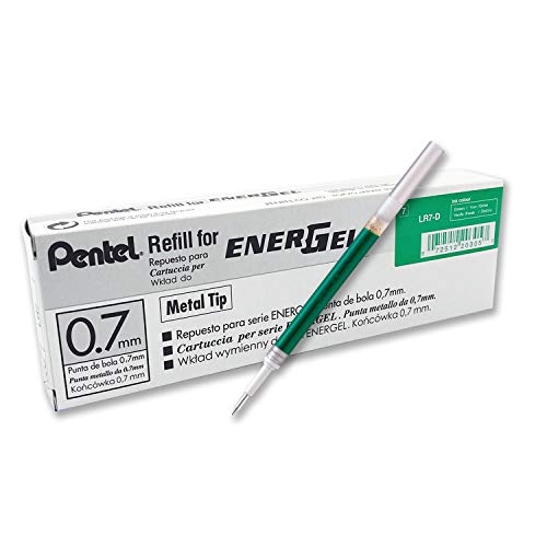 Pentel حبر إعادة تعبئة بنتل لقلم جيل إنرجل BL57/BL77، 0.7 مم، طرف معدني، حبر أخضر، علبة من 12 (LR7-D-12) - Image 1
