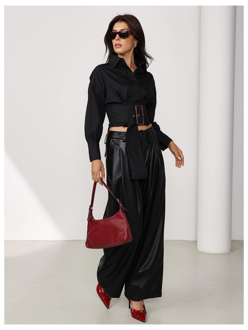 OYOANGLE Women's Button Down Pleated Shirts Stand Collar Long Sleeve Cropped Tops Dressy Casual Blouses Black Medium - Image 5