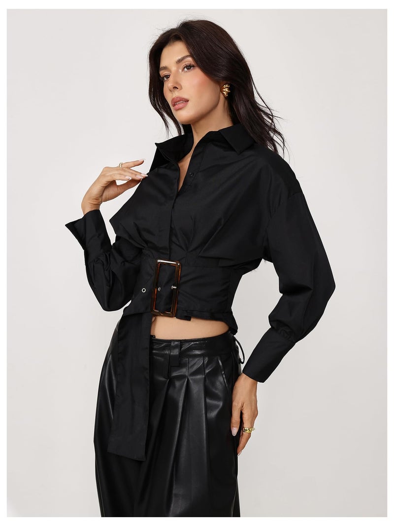 OYOANGLE Women's Button Down Pleated Shirts Stand Collar Long Sleeve Cropped Tops Dressy Casual Blouses Black Medium - Image 3