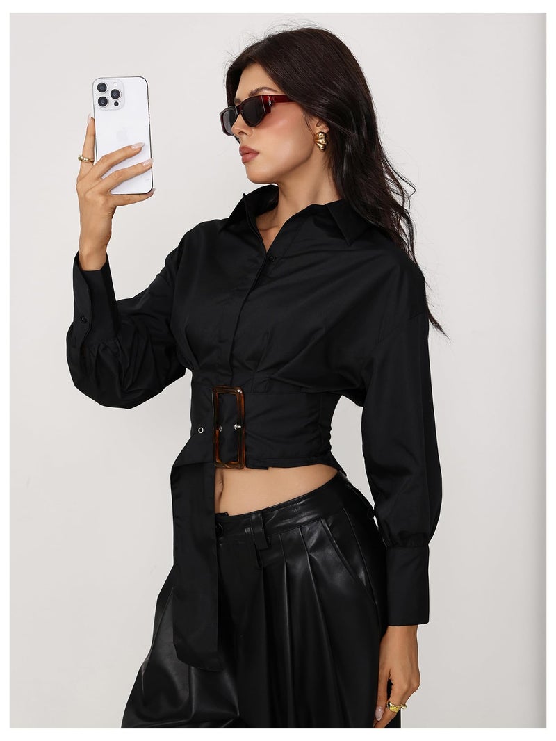 OYOANGLE Women's Button Down Pleated Shirts Stand Collar Long Sleeve Cropped Tops Dressy Casual Blouses Black Medium - Image 4