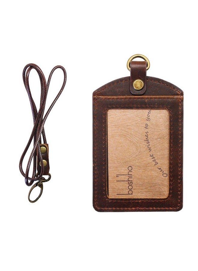 boshiho Older: Boshiho Cowhide Leather Id Badge Card Holder With 19" Neck Lanyard, Vertical Style (Dark Brown) - Image 1