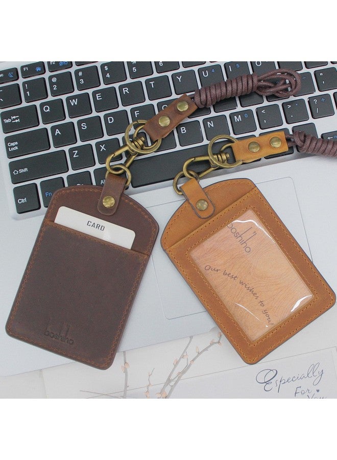 boshiho Older: Boshiho Cowhide Leather Id Badge Card Holder With 19" Neck Lanyard, Vertical Style (Dark Brown) - Image 3