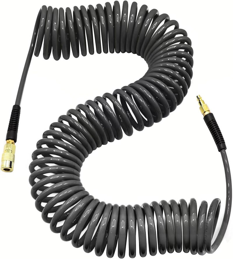 YOTOO Polyurethane Recoil Air Hose 1/4" Inner Diameter by 50' Long with Bend Restrictor and Quick Coupler, Gray - Image 1