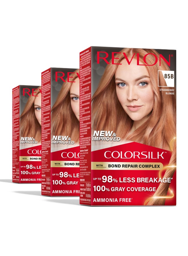 Revlon ColorSilk with Bond Repair Complex Blonde Permanent Hair Color 100 Gray Coverage Ammonia Free Hair Dye Vegan Keratin 85B Strawberry Blonde Pack of 3 - Image 2