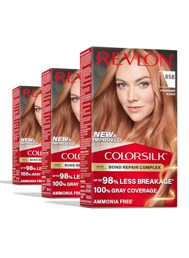 Revlon ColorSilk with Bond Repair Complex Blonde Permanent Hair Color 100 Gray Coverage Ammonia Free Hair Dye Vegan Keratin 85B Strawberry Blonde Pack of 3 - Image 1