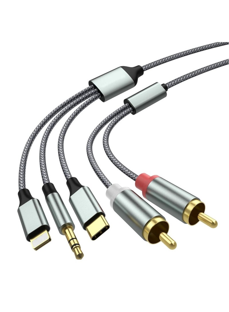 Lightning to RCA Cable Audio Aux Adapter,RCA to 3.5mm Cable，USB C to 2 RCA Audio Cable， (3 in 1 Audio Cable) for Power Amplifier, Car, Home Theater, Speaker and More(Lightning Compatible)(4.26FT) - Image 1
