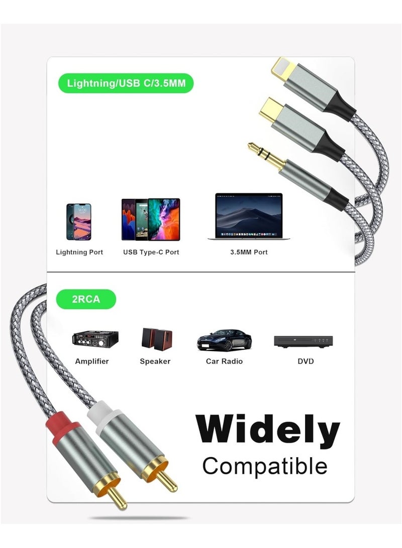 Lightning to RCA Cable Audio Aux Adapter,RCA to 3.5mm Cable，USB C to 2 RCA Audio Cable， (3 in 1 Audio Cable) for Power Amplifier, Car, Home Theater, Speaker and More(Lightning Compatible)(4.26FT) - Image 2