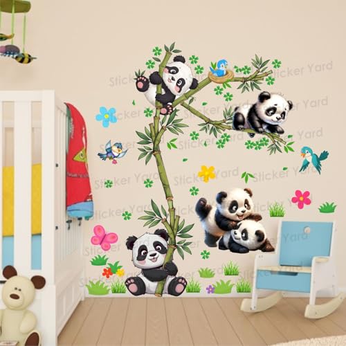 Sticker Yard PVC Vinyl Bamboo Tree Panda Design Self-Adhesive Wall Sticker for Home Decor/Decoration - Living Room, Bedroom, Kids Room (Multicolor,Size 76X76CM) - Image 1