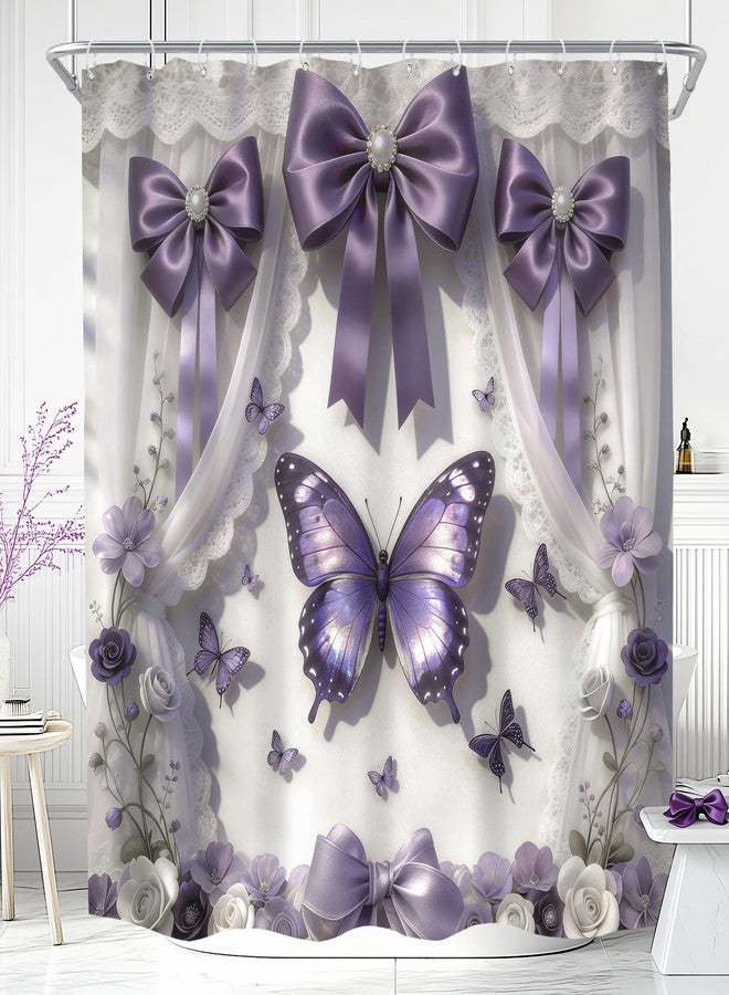 Imirell Purple Shower Curtain 72Wx72H Inches 2D Butterfly Bow Lace Lilac Blossom Floral Plant Modern Fancy Elegant Women Girl Bathroom Decor Waterproof Polyester with 12 Hooks Plastic - Image 1