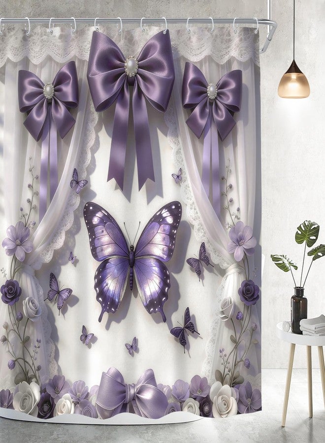 Imirell Purple Shower Curtain 72Wx72H Inches 2D Butterfly Bow Lace Lilac Blossom Floral Plant Modern Fancy Elegant Women Girl Bathroom Decor Waterproof Polyester with 12 Hooks Plastic - Image 3