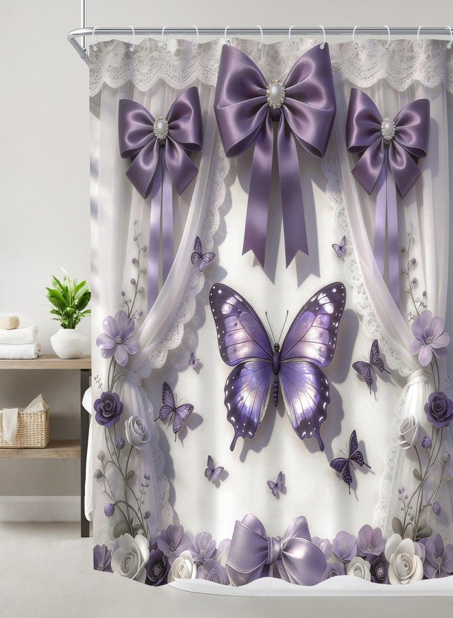 Imirell Purple Shower Curtain 72Wx72H Inches 2D Butterfly Bow Lace Lilac Blossom Floral Plant Modern Fancy Elegant Women Girl Bathroom Decor Waterproof Polyester with 12 Hooks Plastic - Image 2