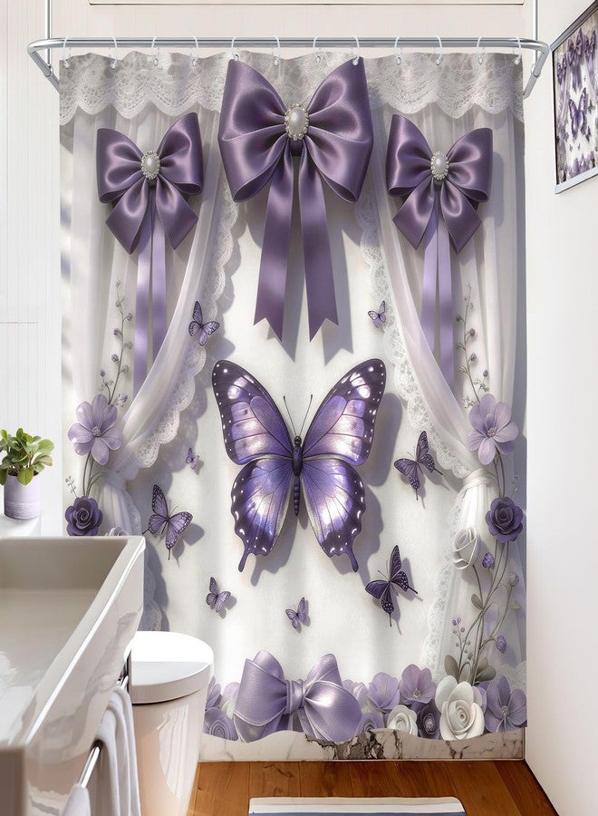 Imirell Purple Shower Curtain 72Wx72H Inches 2D Butterfly Bow Lace Lilac Blossom Floral Plant Modern Fancy Elegant Women Girl Bathroom Decor Waterproof Polyester with 12 Hooks Plastic - Image 4