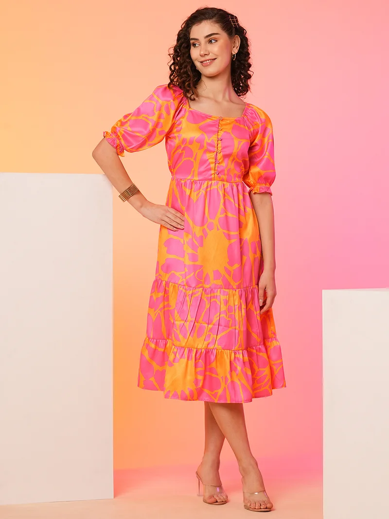 globus Globus Women Pink Floral Printed Square Neck Puff Sleeve Fit And Flare Midi Dress