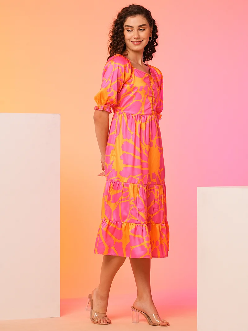 globus Globus Women Pink Floral Printed Square Neck Puff Sleeve Fit And Flare Midi Dress