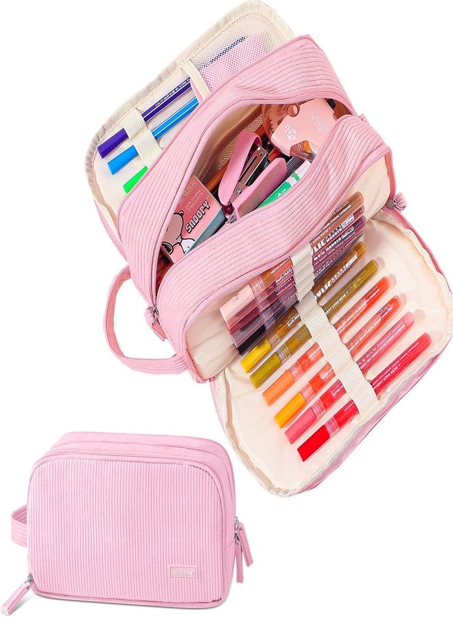 Nuozme 3 Compartment Pencil Case,Large Capacity School Supplies Pencil bag with Easy Handle, Soft Corduroy Pencil Pouch, Aesthetic Supply Pen Case Bag Organizer For Teen Girls College (Pink) - Image 1