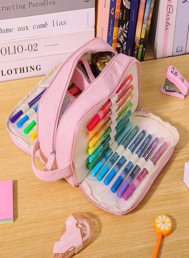 Nuozme 3 Compartment Pencil Case,Large Capacity School Supplies Pencil bag with Easy Handle, Soft Corduroy Pencil Pouch, Aesthetic Supply Pen Case Bag Organizer For Teen Girls College (Pink) - Image 2