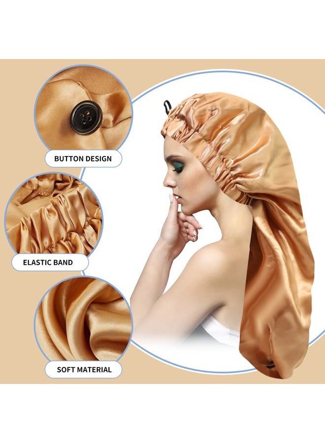 Loccmat 2PCS Satin Hair Braid Bonnet,Foldable Extra Long Bonnet for Braids with Button,Single Layer Sleep Cap,Soft Hair Sleeping Bonnet Cap for Black Women,Large Hair Loose Cap for Dreadlocks(Black+Khaki) - Image 2