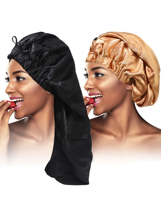 Loccmat 2PCS Satin Hair Braid Bonnet,Foldable Extra Long Bonnet for Braids with Button,Single Layer Sleep Cap,Soft Hair Sleeping Bonnet Cap for Black Women,Large Hair Loose Cap for Dreadlocks(Black+Khaki) - Image 1