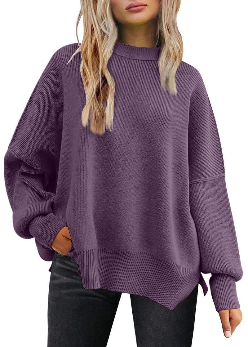 LILLUSORY Oversized Sweaters for Women 2025 Fall Fashion Outfits Trendy Crewneck Knit Cute Lightweight Sweater Pullover Tops Long Sleeve Shirts Winter Clothes Lavender XL - Image 1