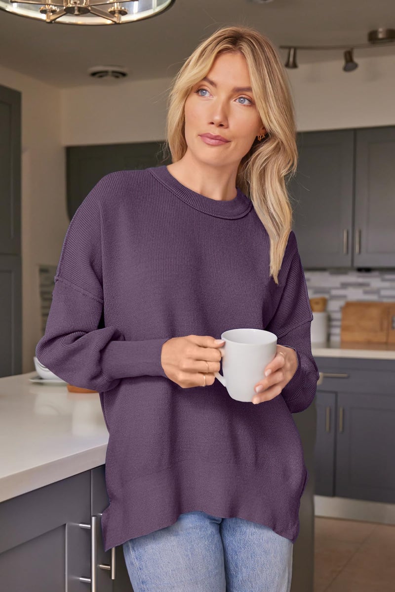 LILLUSORY Oversized Sweaters for Women 2025 Fall Fashion Outfits Trendy Crewneck Knit Cute Lightweight Sweater Pullover Tops Long Sleeve Shirts Winter Clothes Lavender XL - Image 2