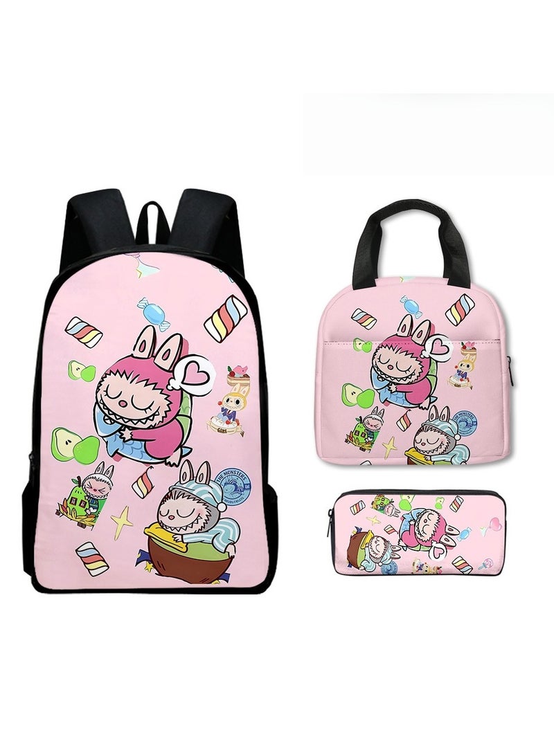 لابوبو حقيبة ظهر لابوبو الابتدائية، بتصميم كرتوني، مقاس 40*30*13 سم، حقيبة غداء مقاس 21*20*11.5 سم، حقيبة أقلام مقاس 22*11*5 سم، طقم من ثلاث قطع. - Image 1