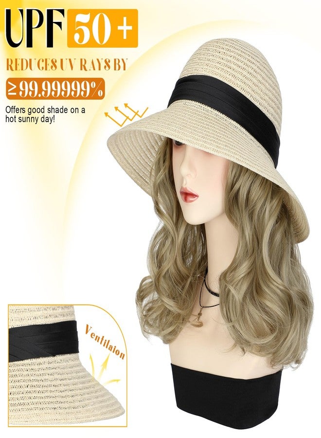 لانسيجرين قبعة شمسية من لانسيغرين مع وصلات شعر، قبعة شعر مستعار، عامل حماية من الشمس 50+، قابلة للطي، حافة عريضة، قبعة شاطئ من القش، قطعة شعر صناعية مموجة بطول 9 بوصات للنساء، لون أشقر رمادي صيفي - Image 2