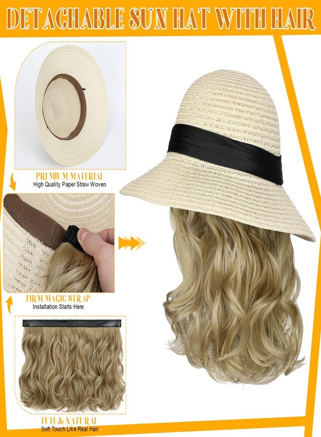 لانسيجرين قبعة شمسية من لانسيغرين مع وصلات شعر، قبعة شعر مستعار، عامل حماية من الشمس 50+، قابلة للطي، حافة عريضة، قبعة شاطئ من القش، قطعة شعر صناعية مموجة بطول 9 بوصات للنساء، لون أشقر رمادي صيفي - Image 5