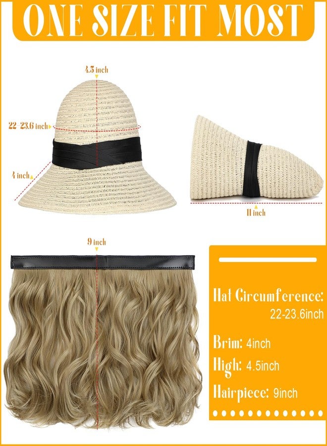 لانسيجرين قبعة شمسية من لانسيغرين مع وصلات شعر، قبعة شعر مستعار، عامل حماية من الشمس 50+، قابلة للطي، حافة عريضة، قبعة شاطئ من القش، قطعة شعر صناعية مموجة بطول 9 بوصات للنساء، لون أشقر رمادي صيفي - Image 3