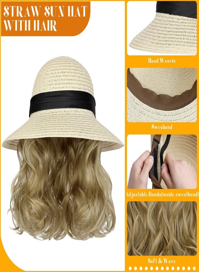 لانسيجرين قبعة شمسية من لانسيغرين مع وصلات شعر، قبعة شعر مستعار، عامل حماية من الشمس 50+، قابلة للطي، حافة عريضة، قبعة شاطئ من القش، قطعة شعر صناعية مموجة بطول 9 بوصات للنساء، لون أشقر رمادي صيفي - Image 4