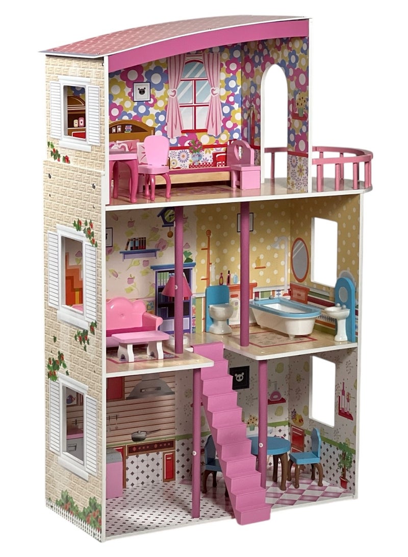 ALBADER Wooden Barbie Doll House 3 Floors Kids Girls Playhouse Toy Large Wooden Doll House with Bedroom Kitchen Bathroom Balcony 3 Story Barbie House Wooden Toy for Girls Role Play Creative Imaginative Kids Playhouse Doll House - Image 1