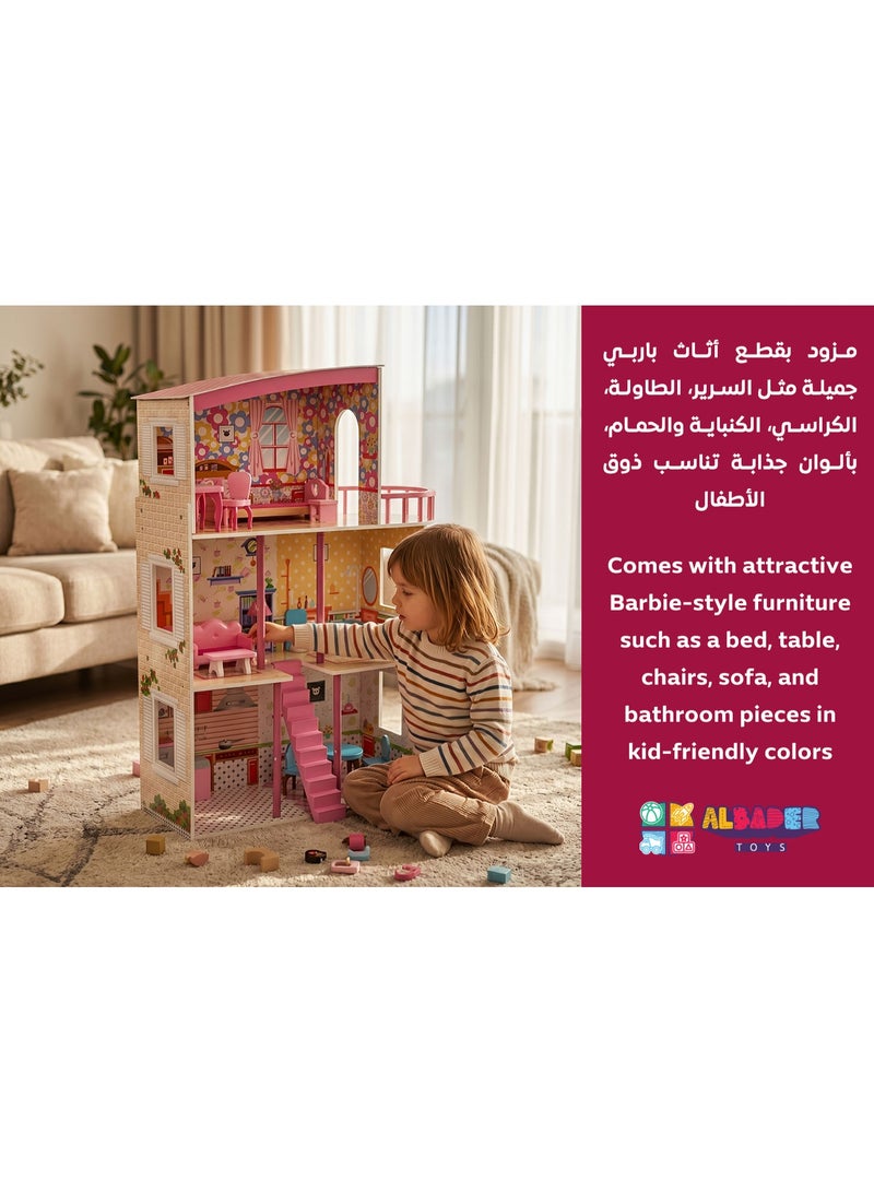 ALBADER Wooden Barbie Doll House 3 Floors Kids Girls Playhouse Toy Large Wooden Doll House with Bedroom Kitchen Bathroom Balcony 3 Story Barbie House Wooden Toy for Girls Role Play Creative Imaginative Kids Playhouse Doll House - Image 3