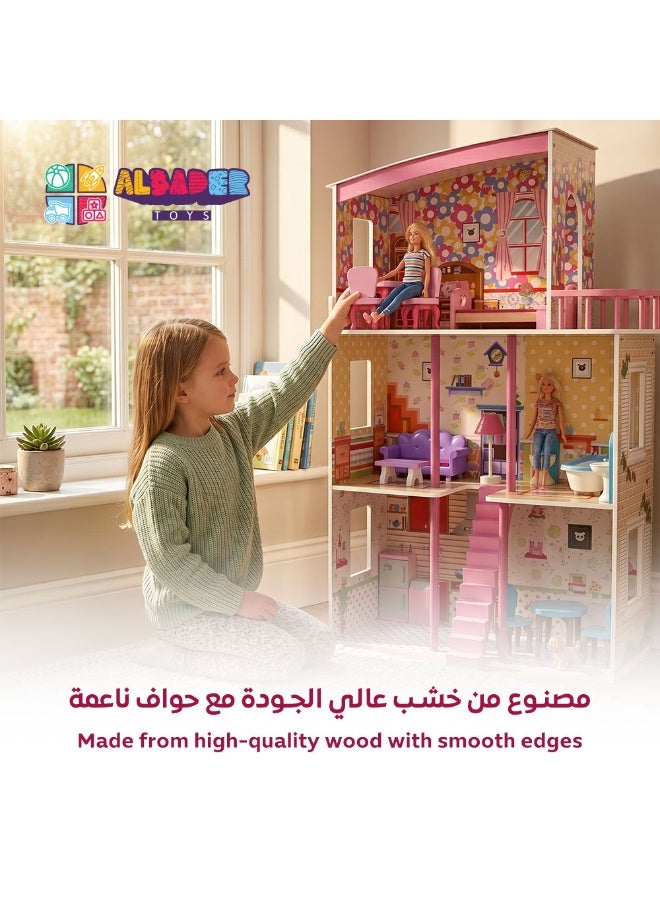ALBADER Wooden Barbie Doll House 3 Floors Kids Girls Playhouse Toy Large Wooden Doll House with Bedroom Kitchen Bathroom Balcony 3 Story Barbie House Wooden Toy for Girls Role Play Creative Imaginative Kids Playhouse Doll House - Image 4