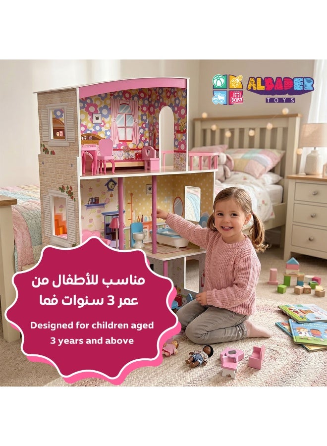 ALBADER Wooden Barbie Doll House 3 Floors Kids Girls Playhouse Toy Large Wooden Doll House with Bedroom Kitchen Bathroom Balcony 3 Story Barbie House Wooden Toy for Girls Role Play Creative Imaginative Kids Playhouse Doll House - Image 5