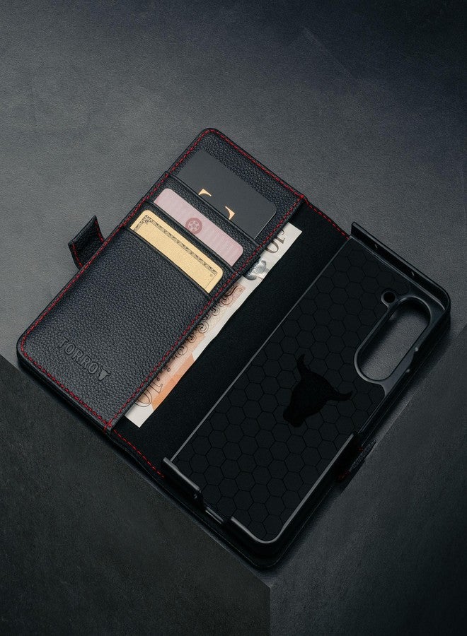 TORRO Phone Case Compatible with Samsung Galaxy Z Fold 6 (2024) - Premium Leather Wallet Case with Stand Function and Card Slots (Black) - Image 4