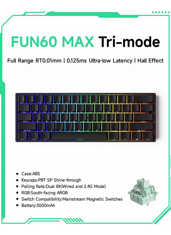 Akko MonsGeek FUN60 MAX HE Machanical Keyboard Magnetic Switch 60% Gaming Keyboard Rapid Trigger Triple-mode dual 8K, Custom Keyboard, PBT side-engraved keycaps, Glitter Magnetic Switches,Black