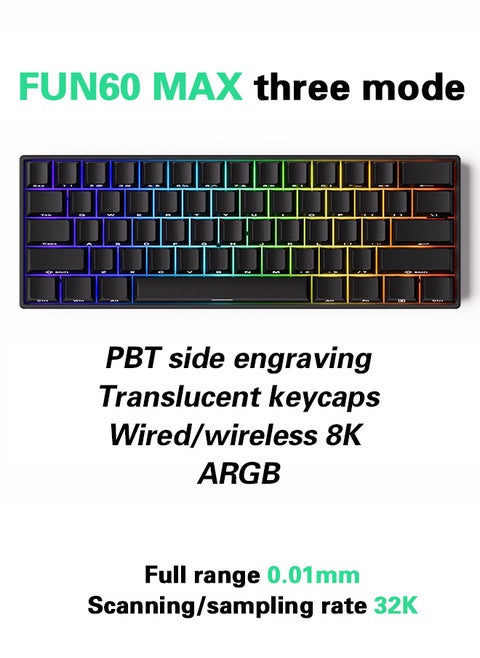 Akko MonsGeek FUN60 MAX HE Machanical Keyboard Magnetic Switch 60% Gaming Keyboard Rapid Trigger Triple-mode dual 8K, Custom Keyboard, PBT side-engraved keycaps, Glitter Magnetic Switches,Black