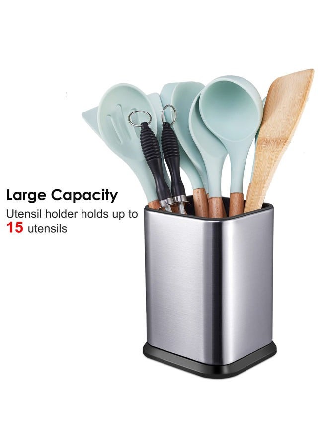 RedCall Stainless Steel Kitchen Utensil Holder for Countertop, Spoon Spatula Organizer,Modern Rectangular Large Cooking Utensil Caddy Counter,Utensil Crock Silver - Image 2