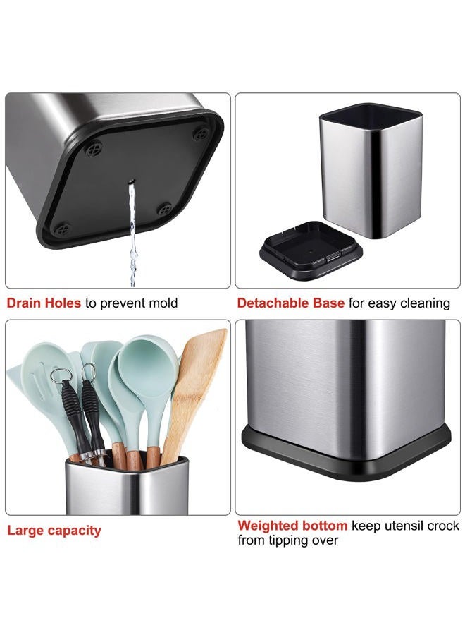RedCall Stainless Steel Kitchen Utensil Holder for Countertop, Spoon Spatula Organizer,Modern Rectangular Large Cooking Utensil Caddy Counter,Utensil Crock Silver - Image 3