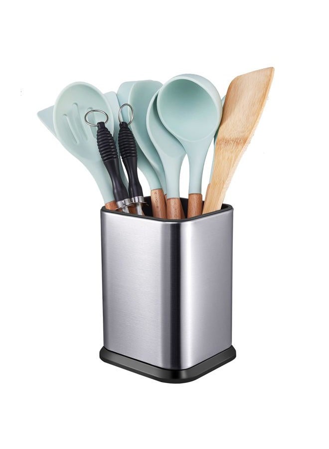RedCall Stainless Steel Kitchen Utensil Holder for Countertop, Spoon Spatula Organizer,Modern Rectangular Large Cooking Utensil Caddy Counter,Utensil Crock Silver - Image 1