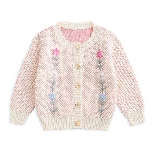 Simplee kids Baby Girl Cardigan Floral Knit Spring Coat Long Sleeve Sweater Pink 18-24 Months - Image 1