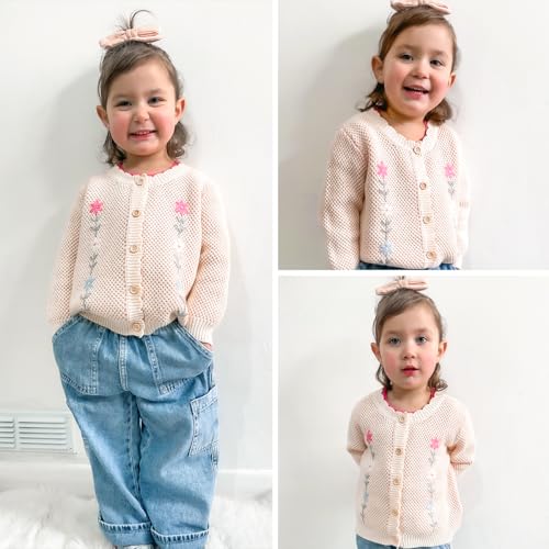 Simplee kids Baby Girl Cardigan Floral Knit Spring Coat Long Sleeve Sweater Pink 18-24 Months - Image 2