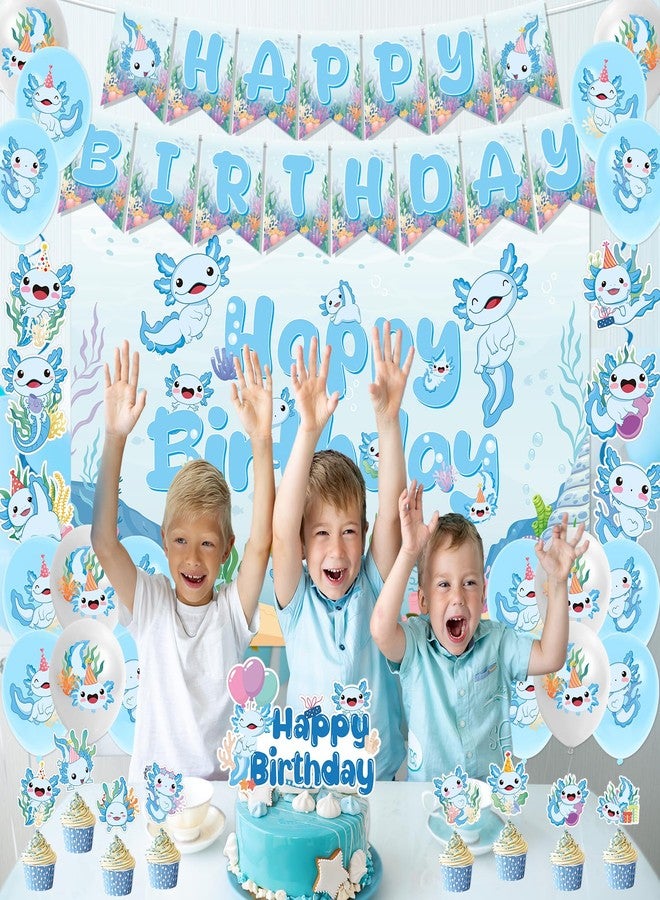 Refavor Axolotl Birthday Decorations Supplies, 44PCS Blue Axolotl Happy Birthday Decor Set for Girls Boys, Includes Backdrop Banner Cupcake Toppers Cake Topper Hanging Swirls Balloons - Image 5