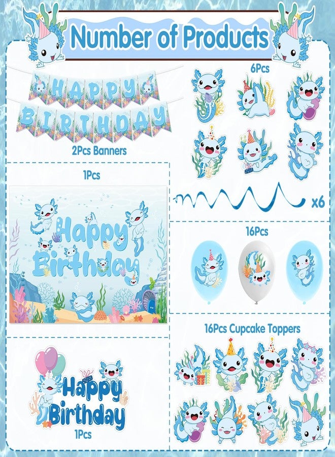 Refavor Axolotl Birthday Decorations Supplies, 44PCS Blue Axolotl Happy Birthday Decor Set for Girls Boys, Includes Backdrop Banner Cupcake Toppers Cake Topper Hanging Swirls Balloons - Image 3