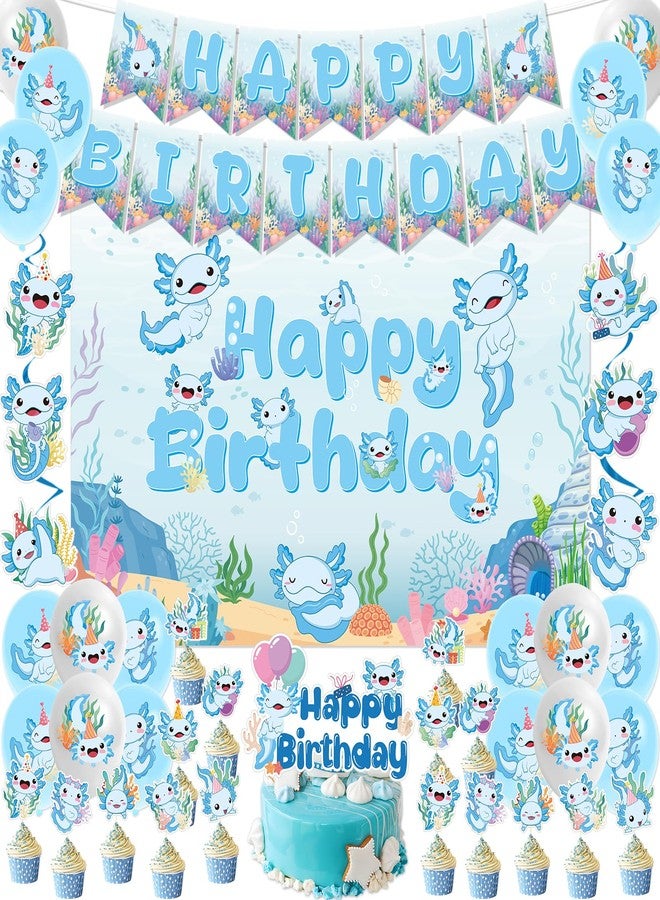 Refavor Axolotl Birthday Decorations Supplies, 44PCS Blue Axolotl Happy Birthday Decor Set for Girls Boys, Includes Backdrop Banner Cupcake Toppers Cake Topper Hanging Swirls Balloons - Image 1