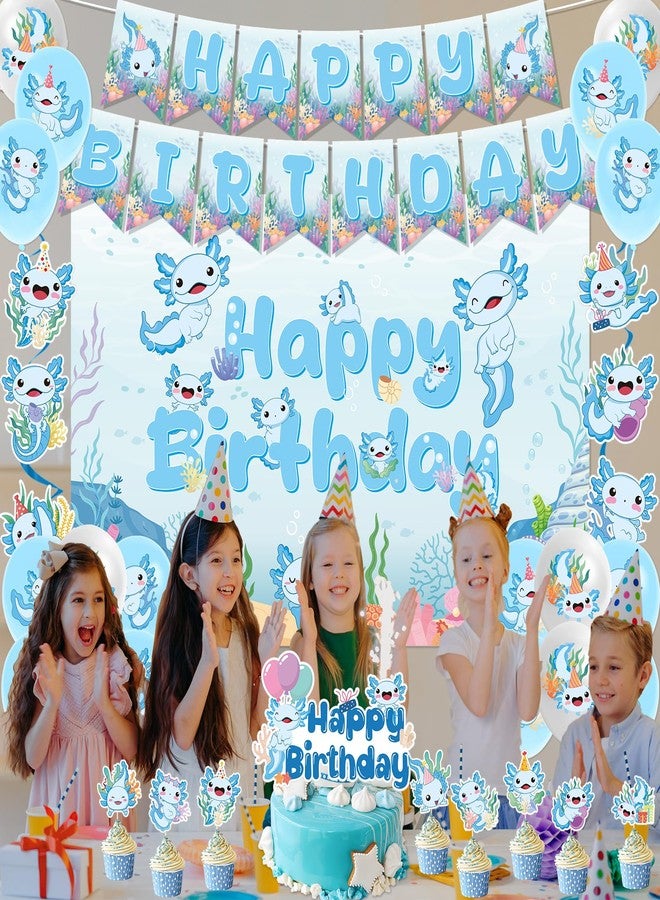 Refavor Axolotl Birthday Decorations Supplies, 44PCS Blue Axolotl Happy Birthday Decor Set for Girls Boys, Includes Backdrop Banner Cupcake Toppers Cake Topper Hanging Swirls Balloons - Image 4