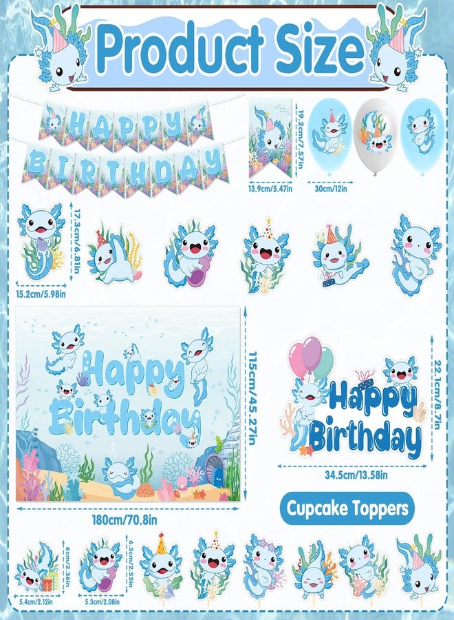 Refavor Axolotl Birthday Decorations Supplies, 44PCS Blue Axolotl Happy Birthday Decor Set for Girls Boys, Includes Backdrop Banner Cupcake Toppers Cake Topper Hanging Swirls Balloons - Image 2