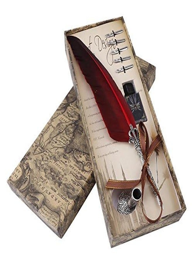 Walfront Quill Feather Quill Pen Set Vintage Quill Feather Pen Ink Set Antique Calligraphy Writing Quill Pen Best Antique Executive Gift(Red) - Image 2